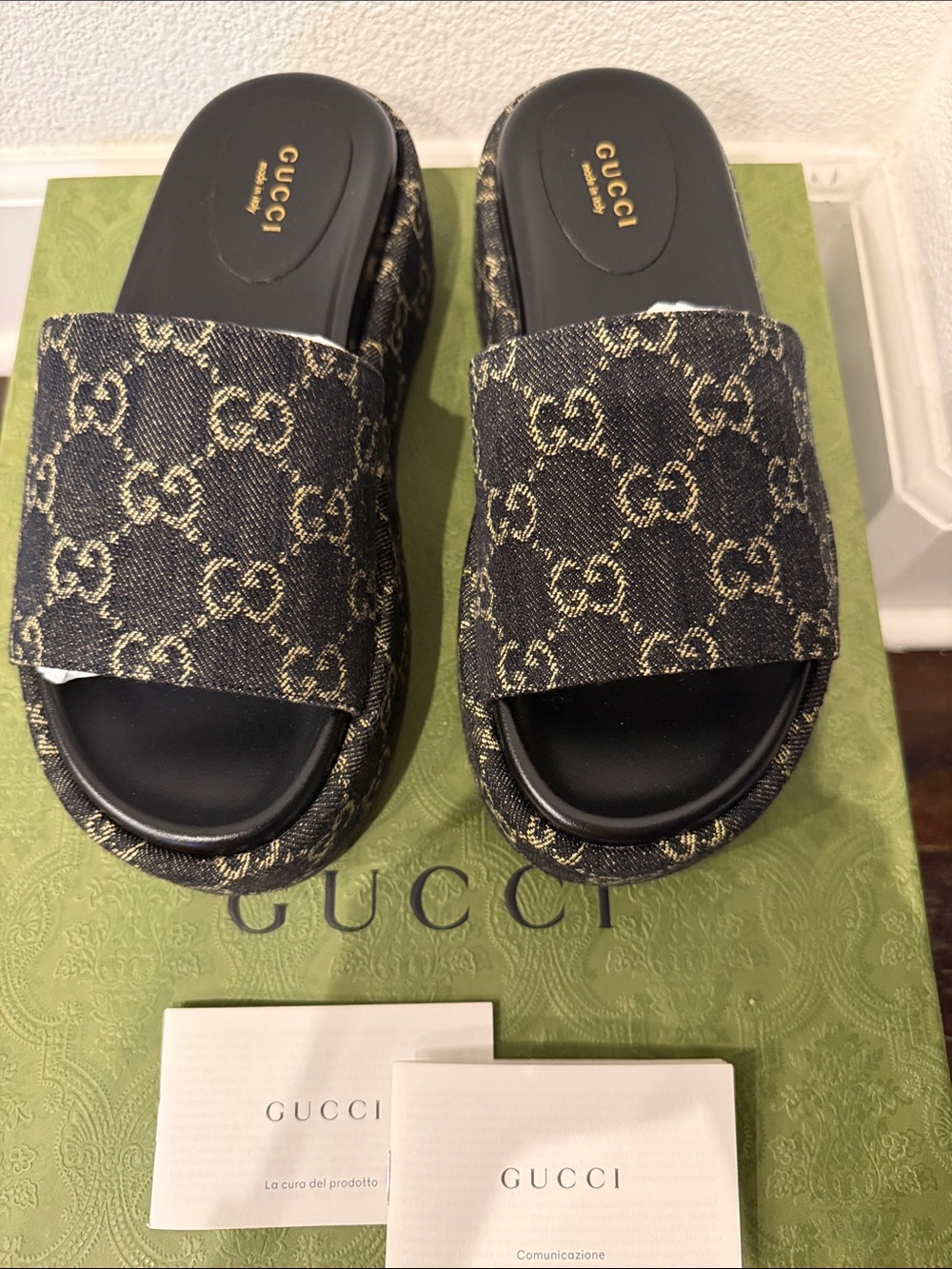 Gucci Black and Gold GG Monogram Canvas Slide Mules